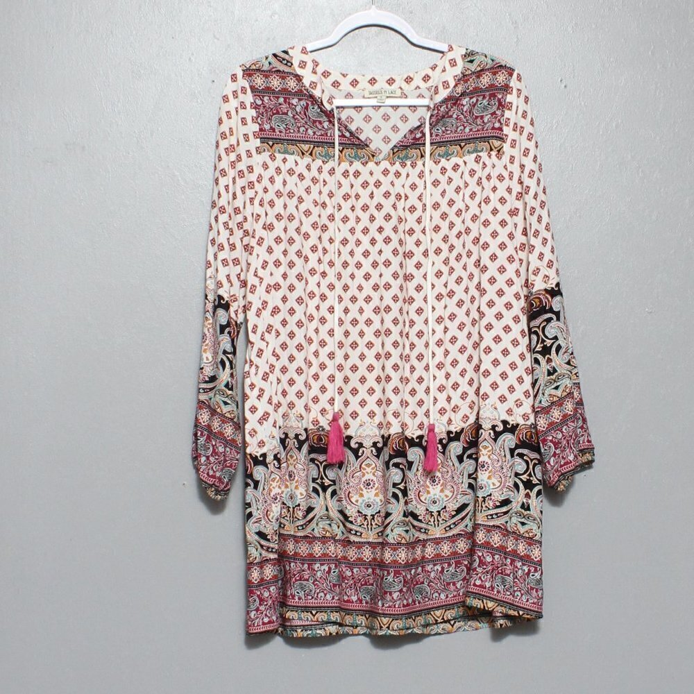 Tassels n lace boho mixed pattern long sleeve rayon dress